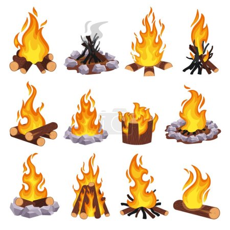 Illustration for Cartoon campfire. Wood bonfire, burning log and fieldstone fire pit. Stacking firewood types and extinguished fire vector illustration set. Outdoor summer burning wood, camping activity - Royalty Free Image