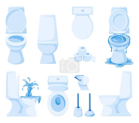 Ilustración de Cartoon white toilet. Ceramic lavatory pan in different angles, toilet paper and brush. WC vector illustration set. Broken toilet with overflowing water, home and public closet top, side, front view - Imagen libre de derechos