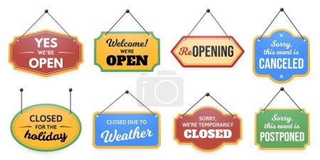 Illustration for Hanging door sign. Sorry, event is canceled or postponed label, closed for holiday or temporarily, welcome were open and closed due to weather vector set. Different outside boards signage - Royalty Free Image