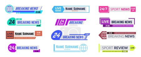 Téléchargez les illustrations : Tv news bars, breaking news and sport review templates of different colors for various channels. Expert names and surnames, headline information. Live programs on television isolated vector set - en licence libre de droit