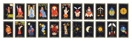 Major arcana tarot cards. Occult deck for divination with chariot, fool, magician and wheel of fortune vector set. Fortune telling and spiritual prediction. Cartoon esoteric elements