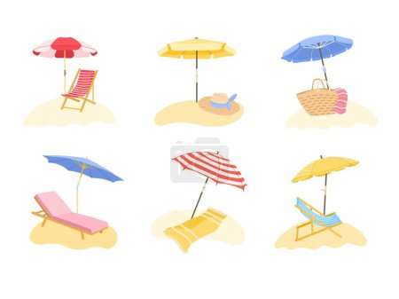 Téléchargez les illustrations : Beach sunshade. Deck chair and sun protection umbrella for summer resort vacation on beach vector illustration set. Chaises for sunbathing, protective hat and towel vacation accessories - en licence libre de droit