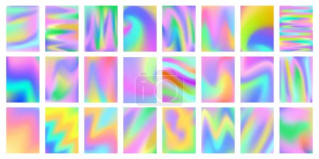 Holographic backgrounds. Holo gradient mesh, iridescent pearl colors and smooth surreal backdrops vector set. Pastel and neon color design abstract collection, colorful texture illustration