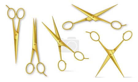 Illustration for Realistic gold metal scissors. Closed and open stationery or hair salon golden scissor, barber tools top view isolated vector illustration set. Shiny equipment for hairdresser or tailor - Royalty Free Image
