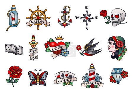 Illustration for Old school tattoos. American or western traditional tattoo designs, sailor tattooing style vector Illustration set. Bottle with love letter, playing cards for luck, nautical anchor, romantic elements - Royalty Free Image