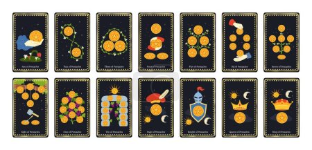 Minor arcana coins tarot cards. Suit of Ace, Knight, King, Queen and Page of Pentacles signs, esoteric stars deck vector illustration set. Cartomancy concept, predicting future with magic elements