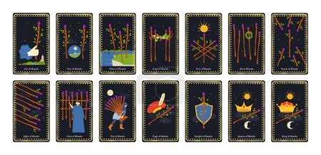 Ilustración de Minor arcana wands tarot cards. Alchemy occult deck with king, queen, knight, page and ace card. Will suit vector illustration set. Fate and fortune telling, dark flat design collection - Imagen libre de derechos