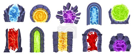 Téléchargez les illustrations : Cartoon portals. Fantasy game gate to another dimensions, magic teleport and stone arches between worlds isolated vector illustration set. Archways of different shapes and colors flat - en licence libre de droit