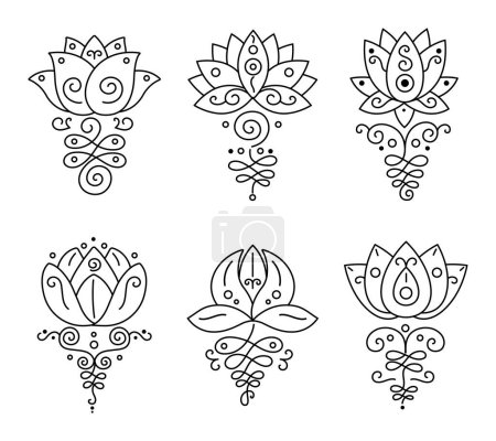 Illustration for Unalome lotus. Bohemian flower tattoo, buddhism life path sign and zen geometry. Beauty and wellness symbol, floral oriental design with sacred plant. Indian esoteric elements vector isolated set - Royalty Free Image