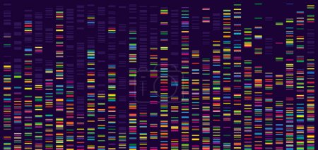 Téléchargez les illustrations : Carte du génome. Test ADN et visualisation par codage à barres, colonnes abstraites de séquences de données génomiques massives illustration de fond vectorielle du génome génétique de l'ADN médical - en licence libre de droit