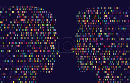 Illustration for Human genome map. Dna test sequence barcoding, big data chart in male and female silhouette. Gender comparison vector concept background illustration of human medical research - Royalty Free Image