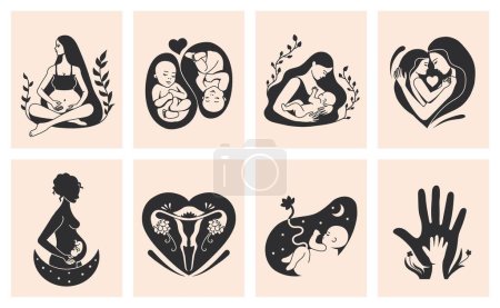 Hand drawn maternity. Motherhood and mother love, pregnant women emblem and woman with child minimal vector illustration set of maternity baby concept