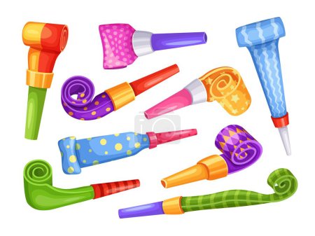 Cartoon party blowers. Tube horn, blowing noisemaker for birthday celebration and whistle blowout toy with long pipe vector illustration set of birthday celebration, blower whistle event