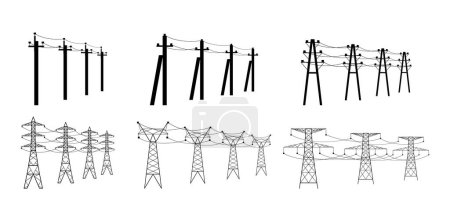 Illustration for Energy distribution towers. High voltage power lines, utility pylons with electrical cable and powerline wires poles vector illustration set of industry distribution energy by tower - Royalty Free Image