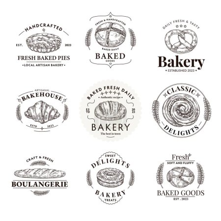 Bakery emblem. Local bakehouse artisan label with hand drawn fresh baked bread, sweet delights and baked good vector template set. Tasty baguette, croissant, pie and donut isolated badges