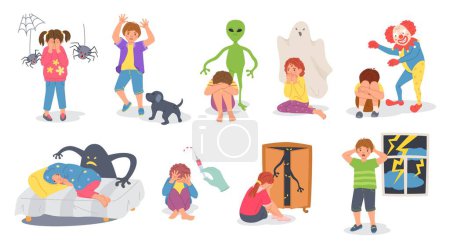 Illustration for Scared kids. Frightened children, child fears and emotional wellbeing cartoon vector illustration set. Boys and girls afraid of alien, ghost, spider and monsters Characters with phobia - Royalty Free Image