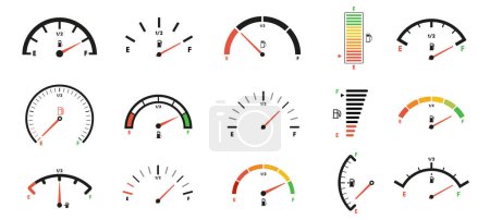 Fuel gauge scales. Gas meter, petrol level indicator for car dashboard panel design. Gage dials with empty and full marks vector set. Vehicle equipment for measurement, car display