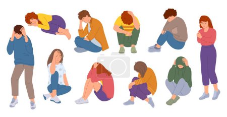 Illustration for Young people suffer from anxiety. Depressive teenagers, headache pain and mental health vector illustration set. Boy and girls in depression, having stress to trouble. bad feelings - Royalty Free Image