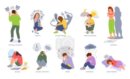 Mental disorders. People psychiatric problems, various mental health conditions and psychic illnesses vector illustration set. Boys and girls having anxiety, schizophrenia and anorexia
