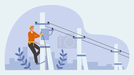 Illustration for Electrician worker. Lineman climbing utility pole repairing high-voltage power lines, cable repairman fix transformer on electric post vector illustration. Character fixing electricity, handyman - Royalty Free Image