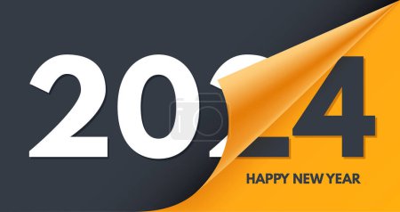 Feliz Año Nuevo. Voltear a 2024, calendario con la ilustración del vector de banner de tarjeta de felicitación de esquina enrollada. Cambio de número, final de cartel de 2023 y principios de 2024, diseño colorido