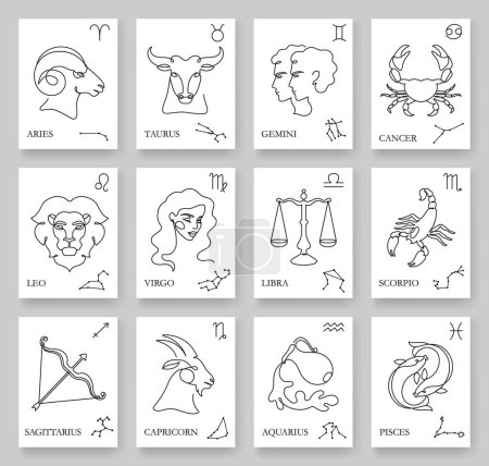Continuous one line zodiac signs. Minimalistic horoscope cards with zodiac symbol, illustration, and constellations vector outline art set. Astrological signs as Aries, taurus, Leo and gemini