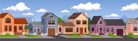 Cartoon neighborhood street. Cottage houses in suburbs, American style cluster of residential properties. Real estates town vector illustration. Countryside building exterior with garage and lawn