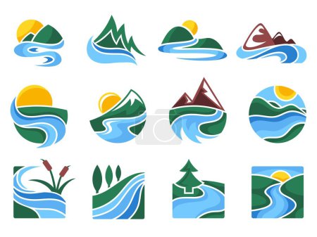Illustration for Rivers emblem. Flowing water streams, nature landscape icons and mountain river vector illustration set. Hill with sunshine and green lawns, outdoor beautiful scene with sunrise isolated elements - Royalty Free Image