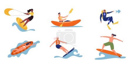 Ilustración de Actividades de playa y agua personas, surf y kite. Vector de surf mar de agua, deporte divertido verano, cometa e ilustración extrema - Imagen libre de derechos