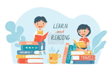 Niños de dibujos animados niño y niña leen libros y se inclinan. Vector de niña y niño leyendo y feliz, estudiante de la escuela leer ilustración