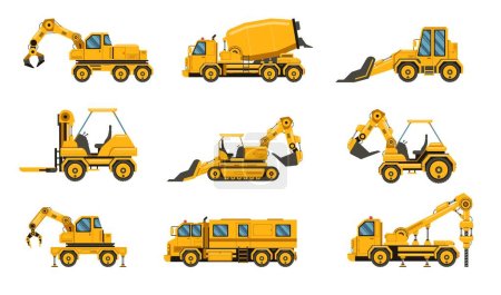 Heavy road equipment trucks, forklifts and tractors, excavation crane truck. Vector of equipment heavy truck, vehicle tractor and forklift illustration