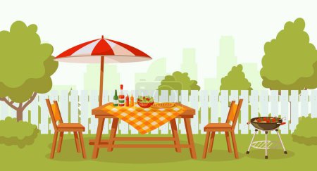 Illustration for Summer outdoor backyard barbecue party with furniture, umbrella, food on grill. Illustration of barbecue furniture, bbq summer garden - Royalty Free Image