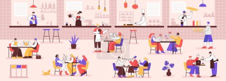 Illustration for Food court. Busy restaurant hall with people eating, drinking together and talking. Visitors at cafe tables enjoying dinner vector illustration of restaurant cafe with chair and food lunch - Royalty Free Image