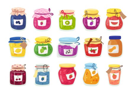 Illustration for Homemade jams in glass jars. Gourmet sweet meals from berries, fruit preserves and peanut butter. Tasty jam isolated vector collection of jam jar sweet - Royalty Free Image