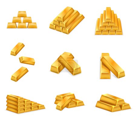 Goldbarren. Schimmernde goldene Ziegel, gestapelte Barren aus reinem Gold. Bankvermögen und luxuriöser Lebensstil realistisches 3D-Vektorillustrationsset. Glänzende Metallblöcke, Investitionen oder Handel