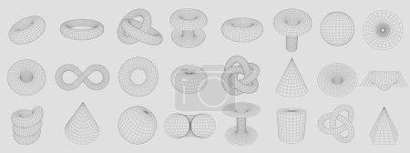 Wireframe torus shapes. Abstract 3D grid shapes, geometric mesh tunnel, vortex and donut vector set with editable stroke paths. Futuristic surface, isolated cylinder and ring models