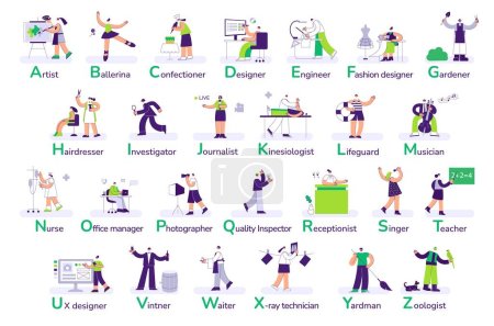 Illustration for Professions alphabet. Job market, select a profession from list with alphabetical order. Different types of work and occupation search flat vector illustration. Confectioner, designer and gardener - Royalty Free Image