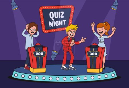 Illustration for Cartoon TV quiz game. Erudite show host congratulates winner for right final question answer vector illustration of cartoon game quiz show - Royalty Free Image