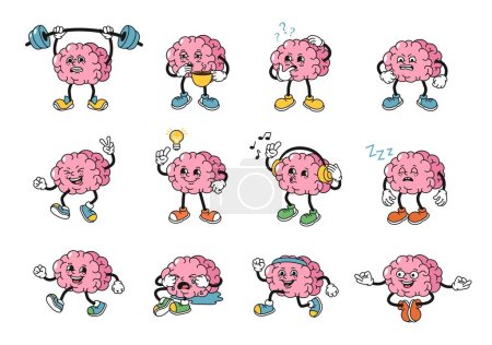 Mascota del cerebro humano de dibujos animados. El carácter fuerte del cerebro de la memoria tiene idea, preguntas de la mente y hace ejercicios deportivos sanos 1930s caucho estilo manguera vector ilustración conjunto de fuerte memoria e inteligencia