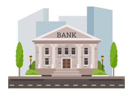 Illustration for Cartoon bank building facade. City bank exterior architecture with columns, financial services and home of money flat vector illustration of exterior facade building - Royalty Free Image