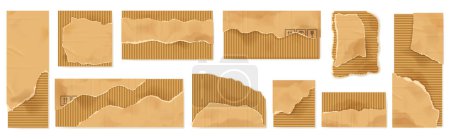 Illustration for Torn cardboard pieces. Damaged paperboard sheet texture scraps with jagged edges, crafting and shipping packaging isolated vector illustration set of torn paperboard, cardboard paper - Royalty Free Image