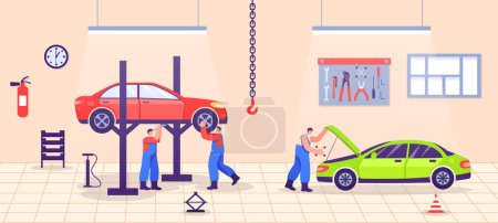 Auto repair service. Cartoon male characters in uniform fixing vehicle on station. Mechanic workers checking wheels. Man opening hood for transport inspection. Professional diagnostic vector