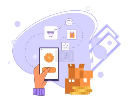 Online shopping, pay credit card in retail. Hand holding smartphone to pay for goods. Ordering products, using payment systems in internet. E-commerce with open parcels vector illustration