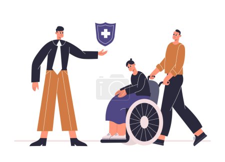 Illustration for Risk insurance protecting health for disabled person. Insure life from accident or illness. Consultant offering medical package for emergency or illness vector illustration. Full coverage concept - Royalty Free Image