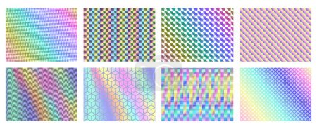 Schillernde holographische Muster. Holo-Hintergründe mit geometrischer Mustertextur, abstraktes Regenbogenspektrum-Vektorset. Glänzende futuristische Hologramme für originelle Qualitätsprodukte