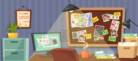 Private detective workplace. Office scene with investigation board, desk cluttered with evidence files cartoon vector illustration. Crime with suspects fingerprints, map and photos