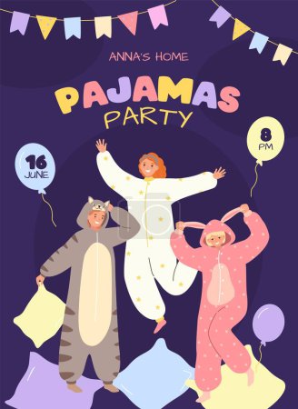 Pajama party invitation poster template. Characters with onesies and kigurumi costumes play pillow fight and have fun vector illustration. Nighttime celebration for teenagers at home