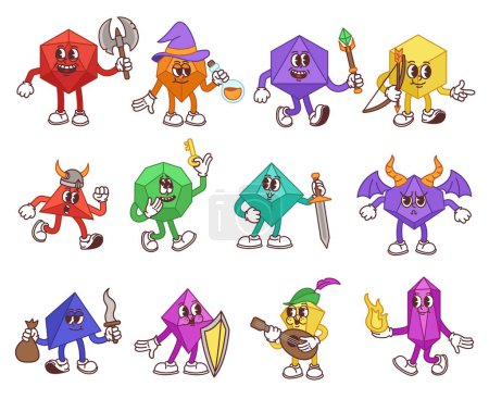 Board game dice mascot characters. Fantasy game themed geometric shapes playing dices for table games isolated vector illustration set. Different colorful crystals with poison, axe, sword and flame