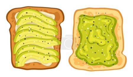 Gesunder Avocado-Toast. Brot garniert mit Avocado und Sesam, nahrhaftes Frühstück Vektorillustration. Hausgemachte vegetarische Jause, Sandwich für den Morgen oder Zweig isoliert auf weiß