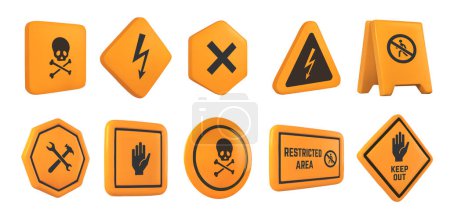 Illustration for Caution 3D signs. Hazard warning, safety and caution symbols. High voltage, do not enter, and restricted area sign vector illustration set of caution 3d sign, hazard and warning illustration - Royalty Free Image